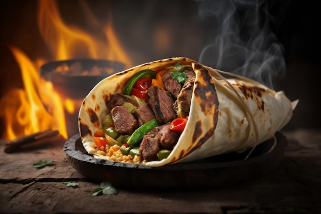 Receta de envoltura de shawarmakebab de carne y vegetales a la parrilla con pan plano Cocinar envoltura de kebab en una parrilla IA generativa