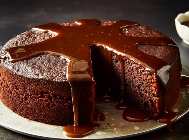 Receta de panadería y repostería navideña, pudín de pastel de chocolate con salsa de caramelo de cacao y posprocesamiento de ai generativo