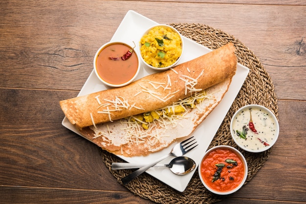 Receta de queso masala dosa con sambar y chutney, enfoque selectivo