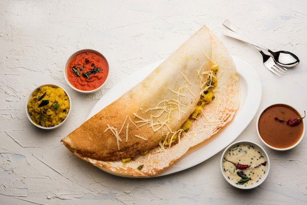 Receta de queso masala dosa con sambar y chutney, enfoque selectivo