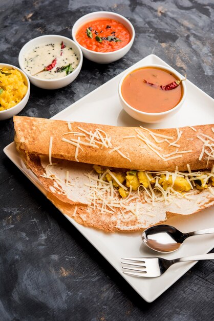 Receta de queso masala dosa con sambar y chutney, enfoque selectivo