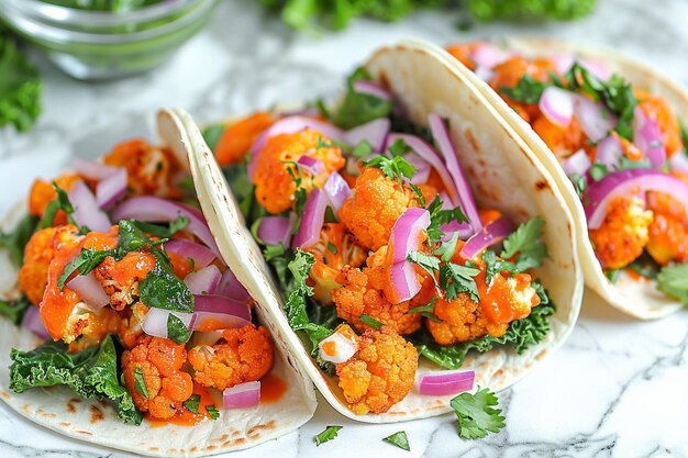 Foto receta de tacos de coliflor y cebolla roja con salsa picante de jalapeño