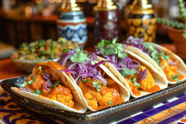 Foto receta de tacos crujientes de coliflor y cebolla roja con salsa de mango de piña picante