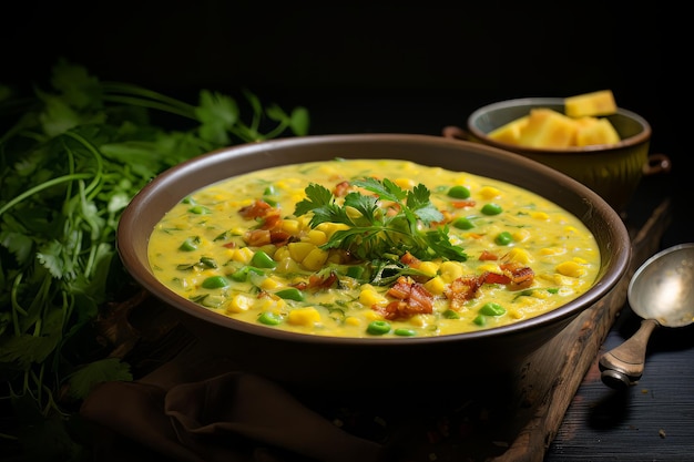 Receta vegana de sopa de maíz de guisantes dividida Foto de la comida