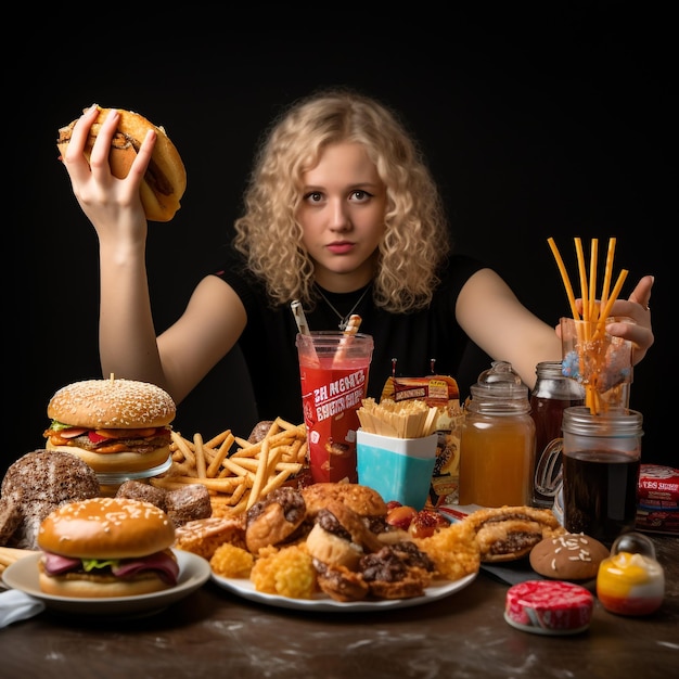 Foto rechazo del concepto de comida rápida con la mano de la mujer