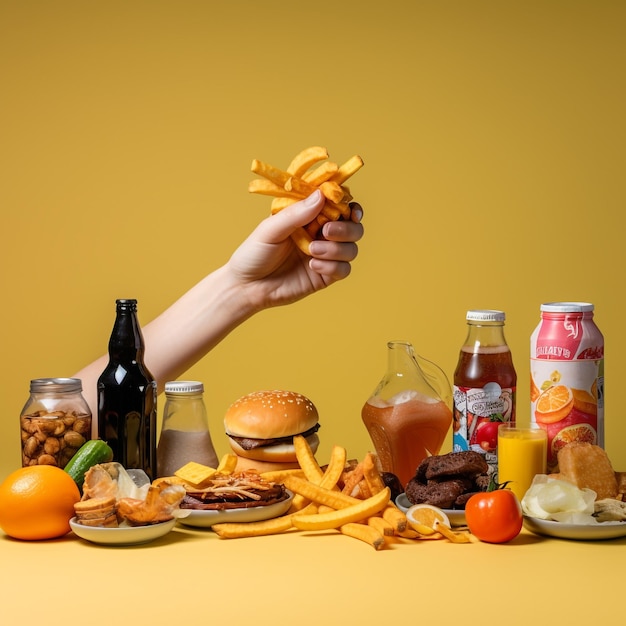 Foto rechazo del concepto de comida rápida con la mano de la mujer