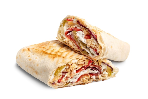 Recheio de burrito de doner kebab de shawarma de frango para isolado no fundo branco