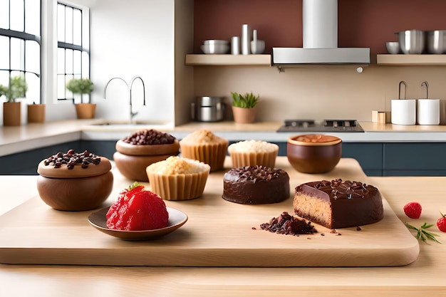 Recheios de frutas para panificação e recheios de chocolate para bolos em ambiente de cozinha