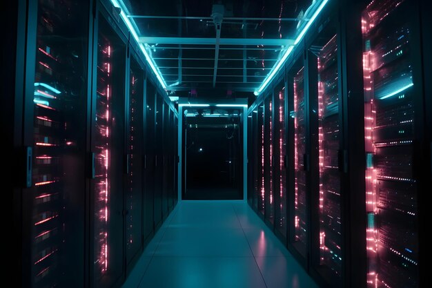 Rechenzentrum mit mehreren Reihen voll funktionsfähiger Server in Cyan-Lila-Farben. Neuronales Netzwerk, generiert im Mai 2023. Basiert nicht auf einer tatsächlichen Szene oder einem tatsächlichen Muster