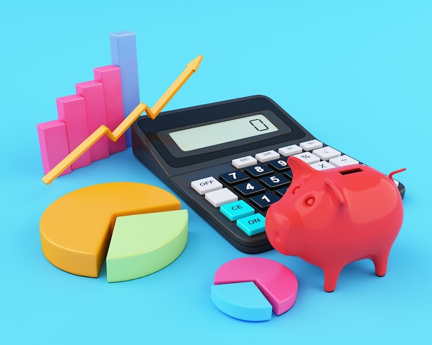 Rechner des Büros 3d mit Sparschwein und Grafiken.