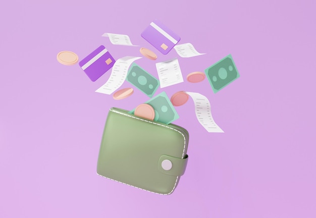 Rechnung und Münzkarte, die aus der Brieftasche auf violettem Hintergrund mit Cashback-Konzept schwimmt