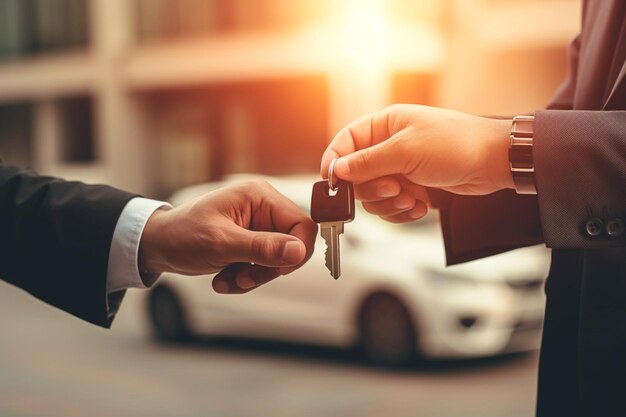 Recibiendo la llave del coche nuevo Con la mano sosteniendo la clave del coche