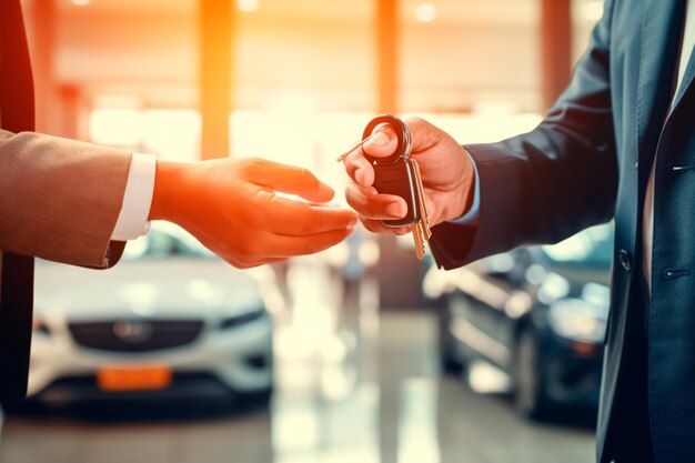 Recibiendo la llave del coche nuevo Con la mano sosteniendo la clave del coche