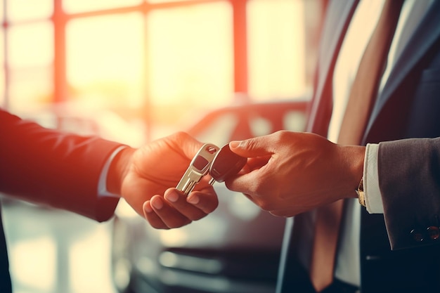 Recibiendo la llave del coche nuevo Con la mano sosteniendo la clave del coche