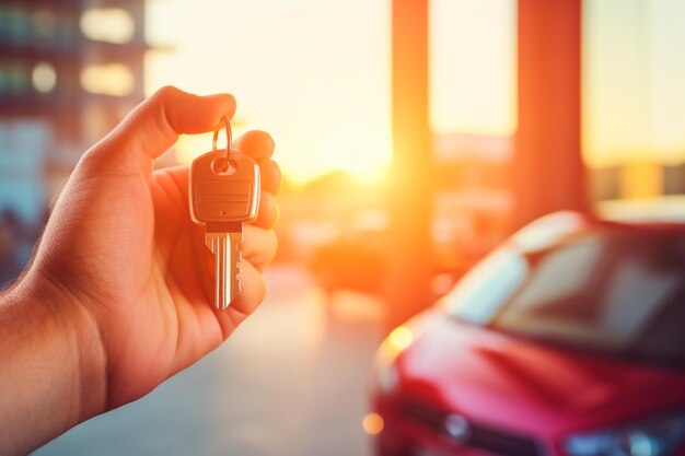 Recibiendo la llave del coche nuevo Con la mano sosteniendo la clave del coche