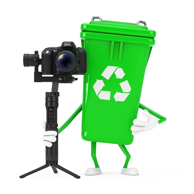 Recicl o sinal Mascote do caráter da lata de lixo verde com DSLR ou sistema de tripé de estabilização do cardan da câmera de vídeo em um fundo isolado. Renderização 3D