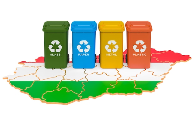 Reciclagem de resíduos na Hungria Latas de lixo coloridas no mapa da Hungria renderização em 3D
