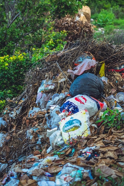 Reciclaje derramado basura hecha por el hombre en el bosque del parque cerca de la ciudad Vacío usado residuos sucios botellas de plástico tapas bolsas y cajas de papel de cartón Contaminación ambiental total problema ecológico calentamiento global