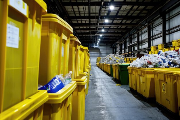 Reciclaje Interior de un almacén con cajas de plástico amarillas y contenedores de basura