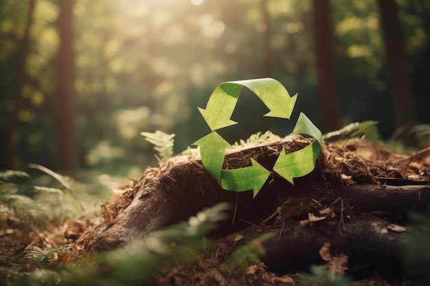 Un reciclaje verde sentado en la parte superior de un tocón de árbol IA generativa