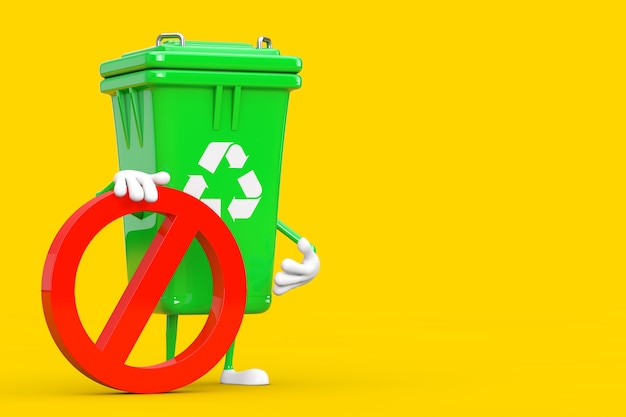 Foto reciclar sinal lixo verde lixo pessoa personagem mascote com proibição vermelha ou sinal proibido em um fundo amarelo. renderização 3d