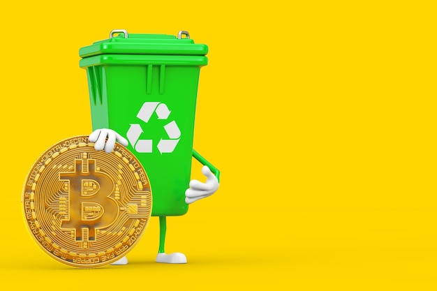 Reciclar sinal verde lixo lixeira mascote personagem com moeda digital e criptomoeda bitcoin dourado sobre um fundo amarelo. renderização 3d