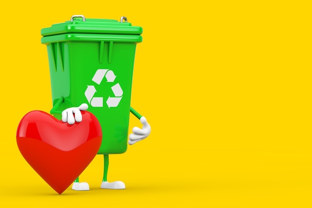 Recicle la mascota del carácter del cubo de basura de la basura verde de la muestra con el corazón rojo en un fondo amarillo. Representación 3D