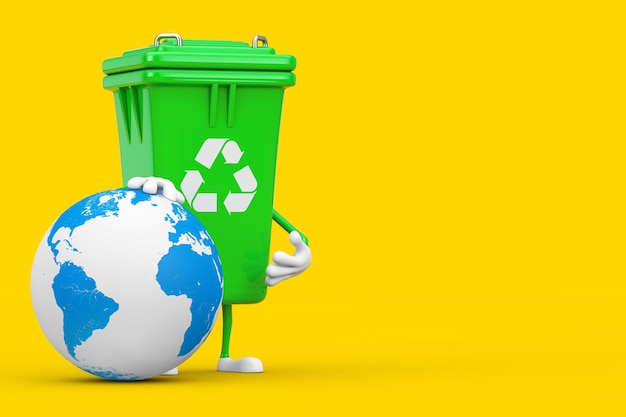 Recicle la mascota del carácter de la papelera de basura verde de la muestra con el globo terráqueo sobre un fondo amarillo. Representación 3D