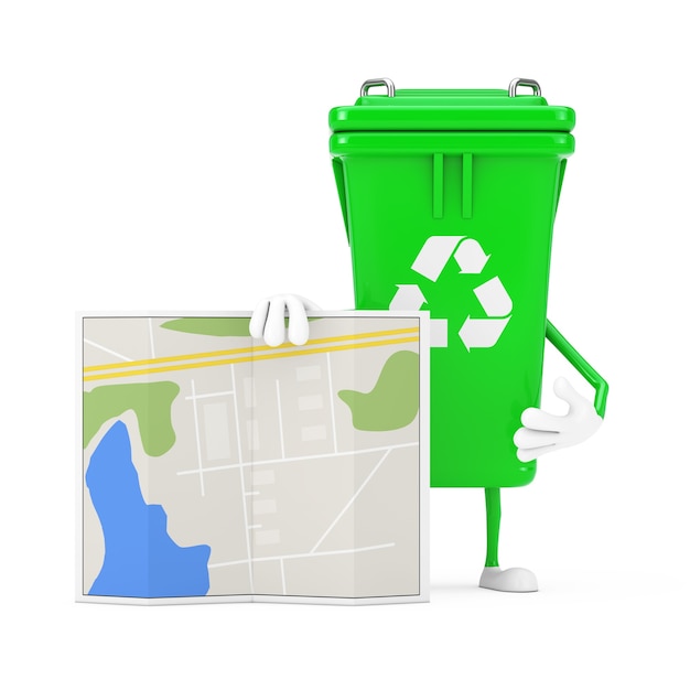 Recicle la mascota del carácter de la papelera de basura verde de la muestra con el mapa abstracto del plan de la ciudad en un fondo blanco. Representación 3D