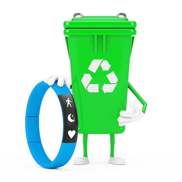 Recicle la mascota del carácter de la papelera de basura verde de la muestra con el rastreador de la aptitud azul en un fondo blanco. Representación 3D