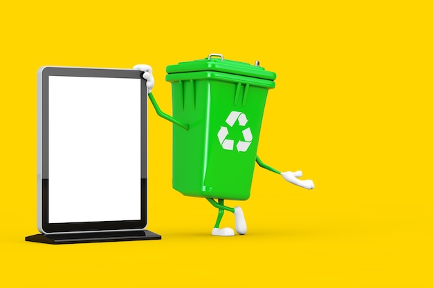 Recicle la mascota del carácter de la papelera de basura verde de la muestra con el soporte de la pantalla LCD de la feria comercial en blanco como plantilla para su diseño sobre un fondo amarillo. Representación 3D