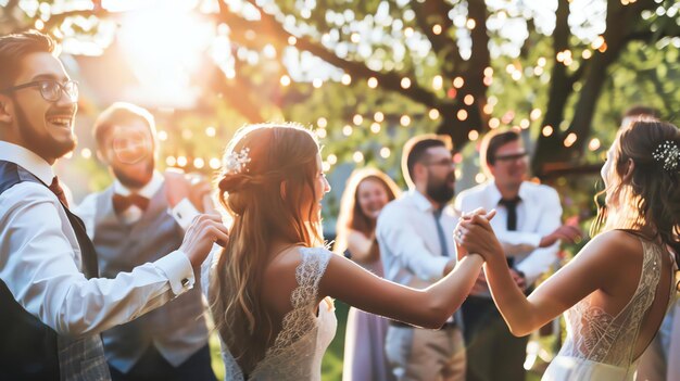 Los recién casados bailando en su recepción de boda con sus amigos y familiares el sol está brillando brillantemente y todo el mundo está feliz y alegre