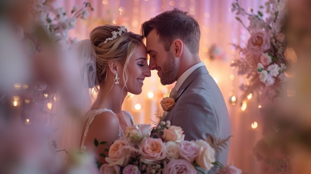 Foto los recién casados comparten un momento tierno en medio de decoraciones de boda románticas y luz cálida