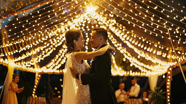 Los recién casados comparten el primer baile romántico bajo el dosel de luces brillantes bodas bodas vacaciones cerradas borrosas fotos de bodas paisajes de naturaleza comenzando una vida juntos concepto generado por IA