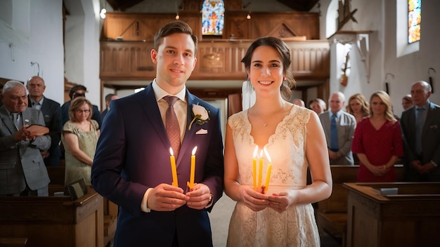 Los recién casados se paran con velas durante la ceremonia de compromiso en la iglesia