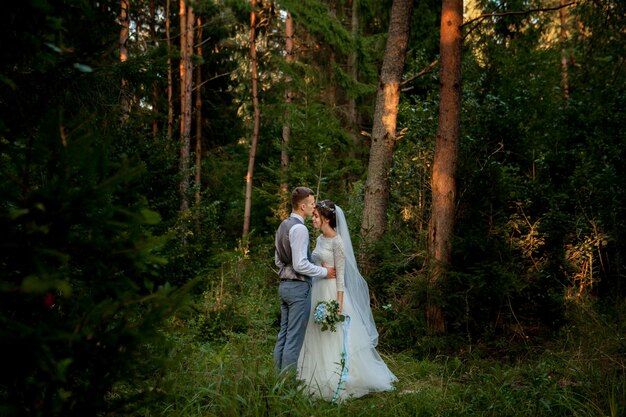 Recién casados posando en el bosque