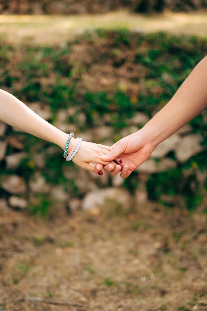 Los recién casados se toman de la mano pareja tomados de la mano boda