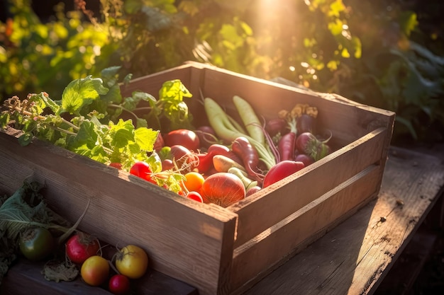 Recién cultivados por la naturaleza, una caja llena de verduras frescas de la granja ai generativa