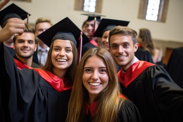 El recién graduado tomando una selfie con sus amigos.