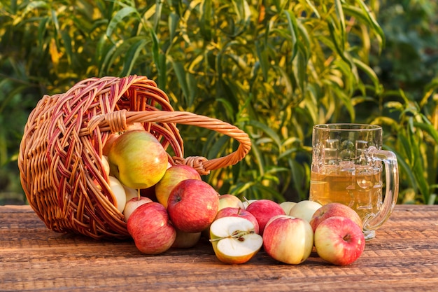Recién recogido manzanas en una canasta de mimbre y sidra de manzana en copa de vidrio sobre tablas de madera