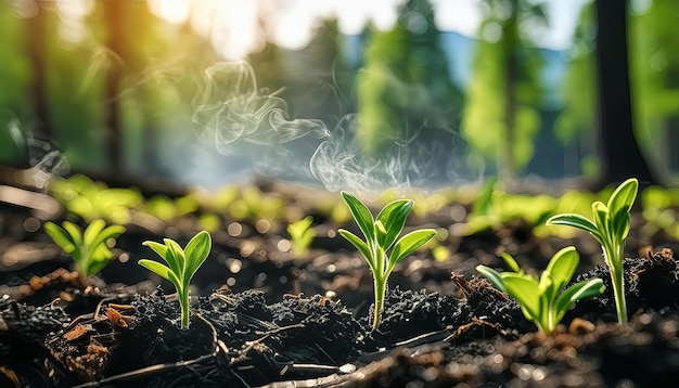 Recientemente extinguido el fuego del bosque con nuevos brotes de verde valientemente emergiendo de la tierra ennegrecida