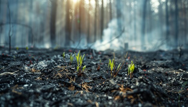Recientemente extinguido el fuego del bosque con nuevos brotes de verde valientemente emergiendo de la tierra ennegrecida