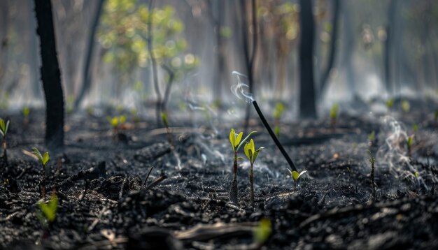 Foto recientemente extinguido el fuego del bosque con nuevos brotes de verde valientemente emergiendo de la tierra ennegrecida