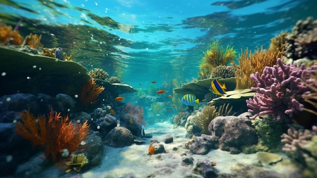 recife colorido subaquático com muitos peixes coloridos geradores de IA