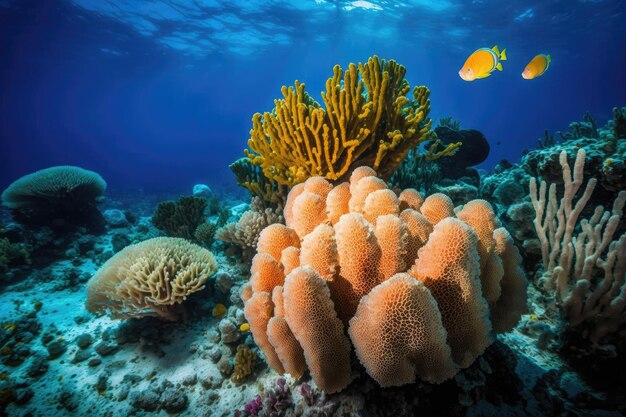 recife de coral colorido com vários peixes nadando em torno de IA generativa