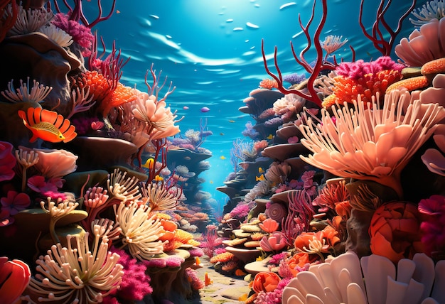 recife de coral colorido e peixes nadando com um oceano colorido