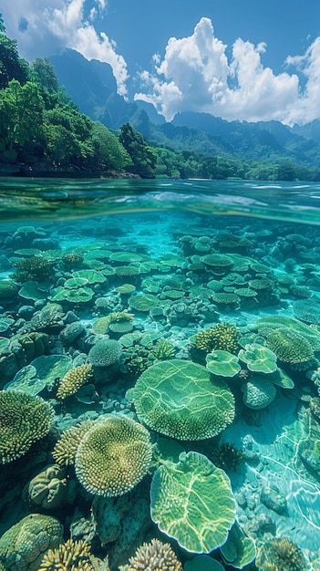 Foto recife de coral raso com água clara acima