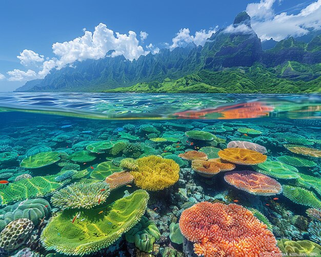 Foto recife de coral raso com água clara acima