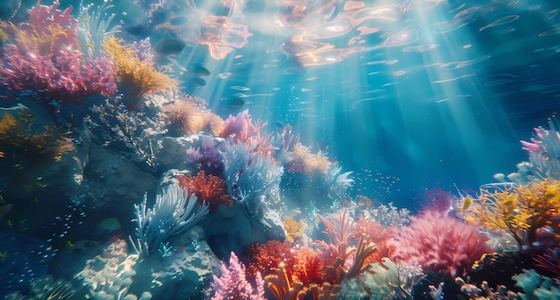 recife de coral sob a água e reflexo da luz solar