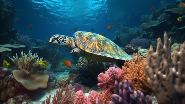 recife de coral subaquático com peixes coloridos e vida marinha tartaruga